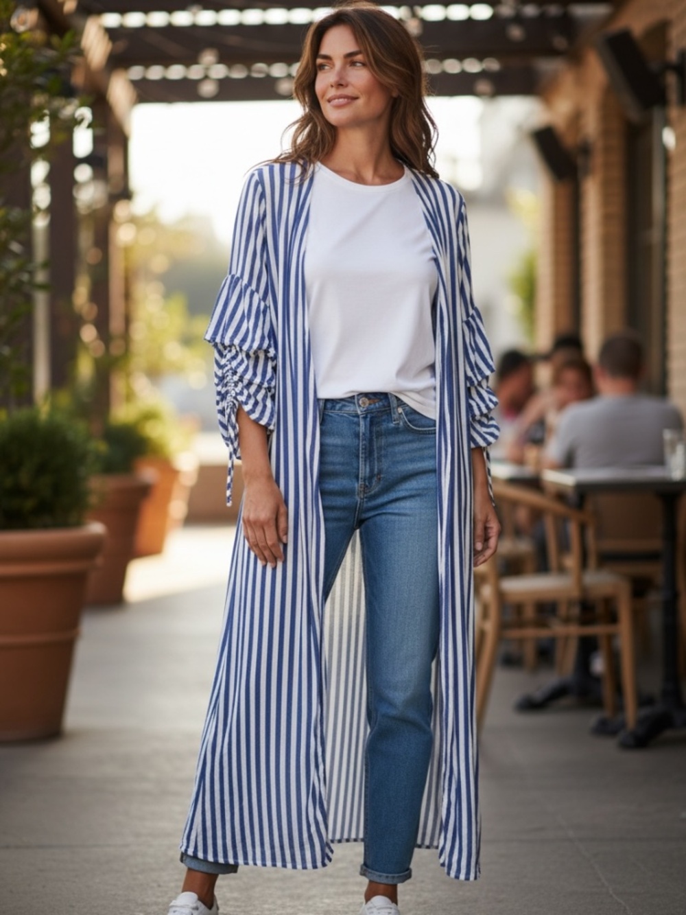 Studio F Blue & White Striped Long Kimono Duster Size 4